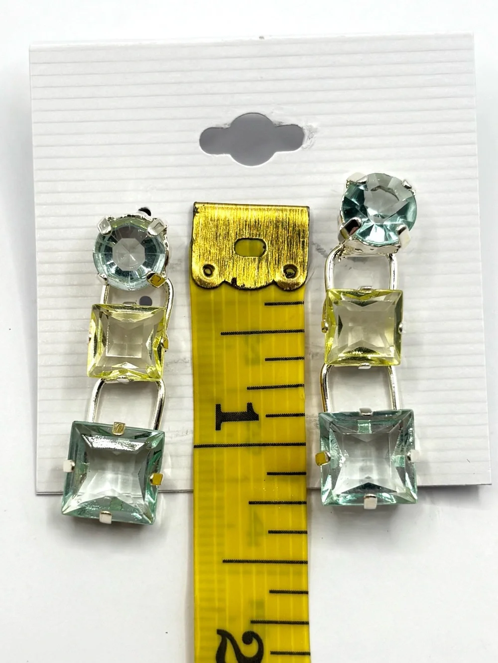 Tonal Green Yellow Crystal Tiered Square Drop Earrings in Silver Tone